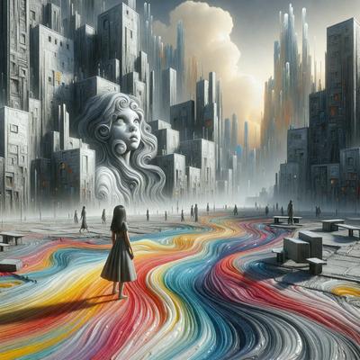 The primary subject of the image is a woman walking down a rainbow-colored street. The setting is a futuristic city with tall buildings and a large sculpture of a woman's head. The visual style is digital art, and the colors and mood are vibrant and lively.